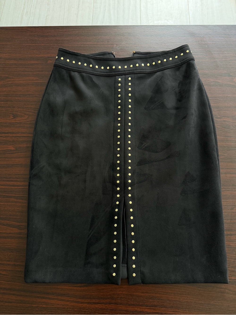 White House Black Market Black Suede Pencil Skirt with Gold Studs